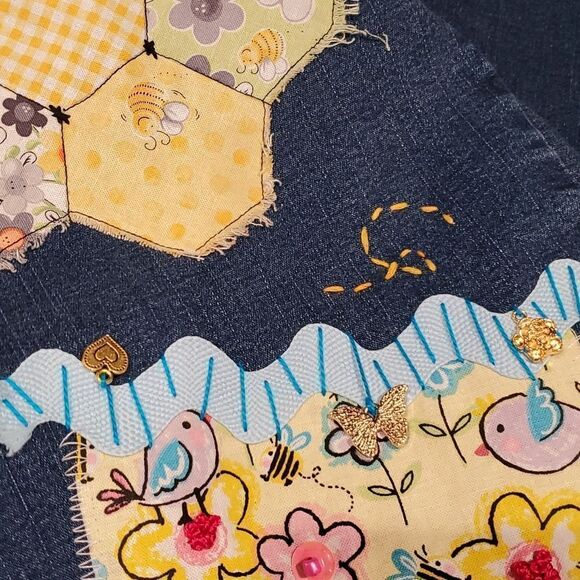 Upcycled Levi's Mushrooms Birds Florals Lace Hand Stitched Jeans Sz 14 1023 - Picture 10 of 12